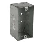 Single Gang Device Box, 15.6 Cubic Inches, 4 Inches Long x 2-1/8 Inches Wide x 2-1/8 Inches Deep, 1/2 Inch Knockouts, Galvanized Steel, Welded Construction, For Use with Conduit