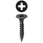 Bugle Head Drywall Screw, Steel material, 1-1/4 in. length, Fine thread type, #6 thread size, Black head color, Black Oxide finish, Phillips drive, Self Piercing, Patented Invincibox Packaging